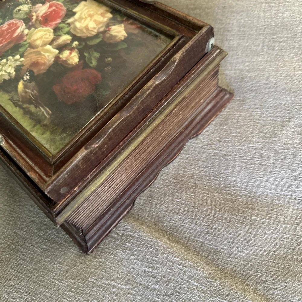 Vintage 1940s Wooden Trinket Jewelry Stationary Box W Mirror Floral Design